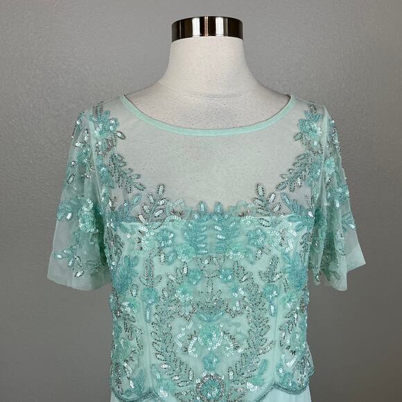 Adrianna Papell Beaded Chiffon Evening Gown Green Size 8 Short Sleeve A-Line - Picture 7 of 13
